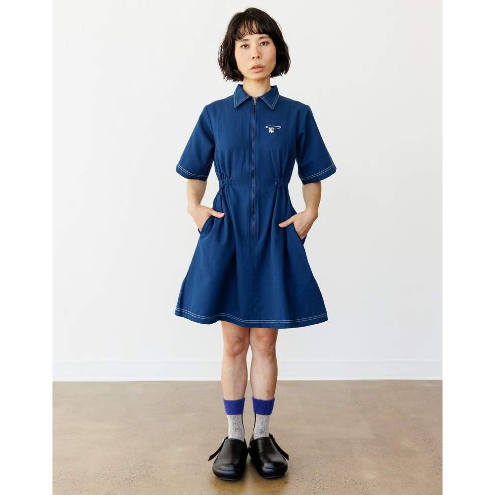 Noble Utility Dress Navy Blue Zip Front Elastic Waist Canvas Midi Size M NWT